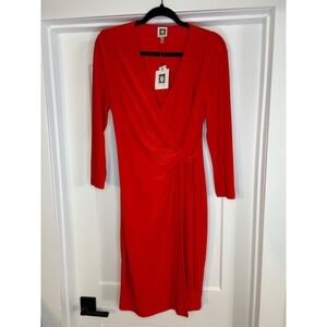 NEW Anne Klein Women Poppy Red Faux Wrap Long Sleeve Jersey Dress Medium Stretch